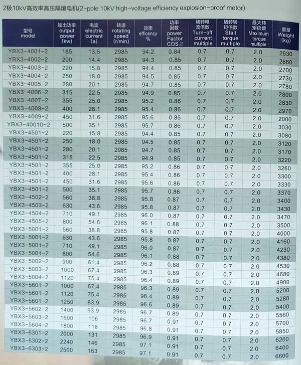 10kv高壓防爆電機參數(shù)表